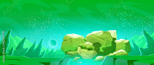 Big stone golem sleeping on alien planet surface. Vector cartoon illustration of fantasy frozen giant monster under snow and futuristic space landscape with rocks and stars in sky