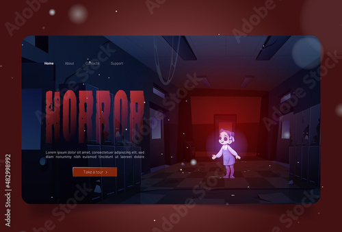 Horror banner with girl ghost in old dirty school hallway at night. Vector landing page of scary quest game with cartoon interior of empty corridor in abandoned college with dead child spirit