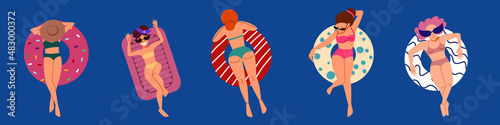 Set with women on inflatable devices. Happy girls swimming in the sea on inflatable circles and mattress, relaxing in the ocean, relaxed people in the water. Vector isolated illustration in flat style