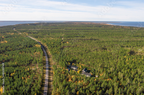 Finland, Hailuoto September 26, 2021. Road in the forest, view from the top to the coastline. Landscape from a drone on an autumn sunny day. Nature and landscape of Scandinavia