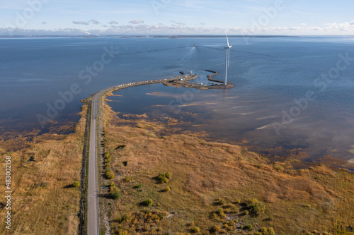 Finland , Hailuoto 26 September 2021 . Landscape from a drone. Sea route between the island and the mainland on an autumn sunny day photo