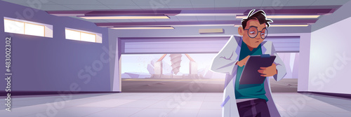 Scientist in hangar on alien planet surface with drilling rig. Vector cartoon fantasy illustration of cosmos investigation with empty lab interior with man explorer and derrick with auger outside