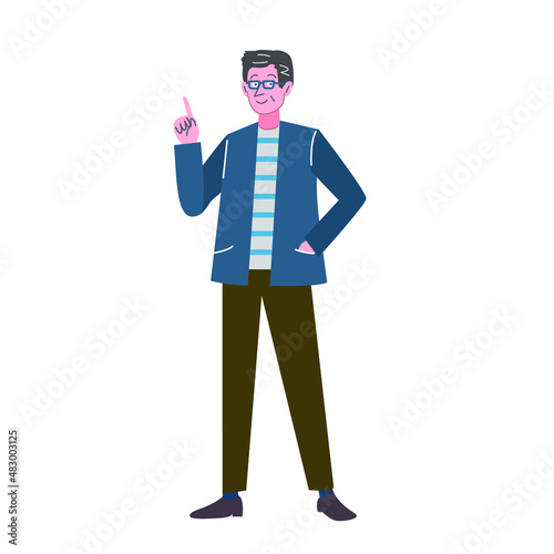 指をさして微笑む眼鏡の男性　全身姿男性,男,人物,イラスト,ビジネスマン,ビジネス,ベクトル,白背景,男の人,ベクター,キャラクター,切り抜き,大人,仕事,成人,笑顔,立つ,全身,スーツ,アダルト,会社員,ジャケット,指差し,人間,人,メガネ,シニア,エグゼクティブ,管理職,カジュアル,高齢,シャツ,オフィスカジュアル,仁王立ち,立ち姿,案内,解説,ボーダー,柄,靴,ズボン,微笑み 
