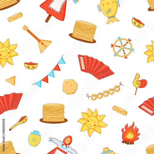Seamless pattern vector illustration of icons of the traditional Russian holiday Maslenitsa. Endless background of pancake day elements.