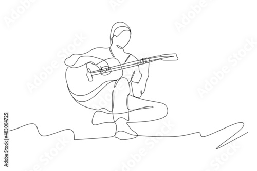 continuous line drawing of sitting guitarist playing guitar. Dynamic musician artist performance concept single line graphic draw design vector illustration