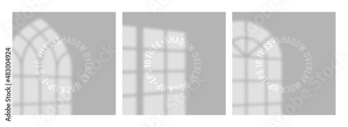 Set of shadows overlay effects mock up with window frame. Square paper mockup with realistic shadows overlays leaves on beige background.