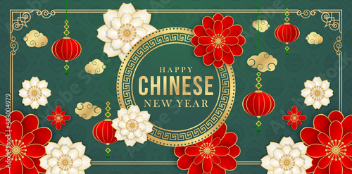 floral greeting card illustration of happy chinese new year, dark green background pattern oriental ornament, flower and lantern, applicable for banner, poster, invitation, promotion store, ecommerce photo