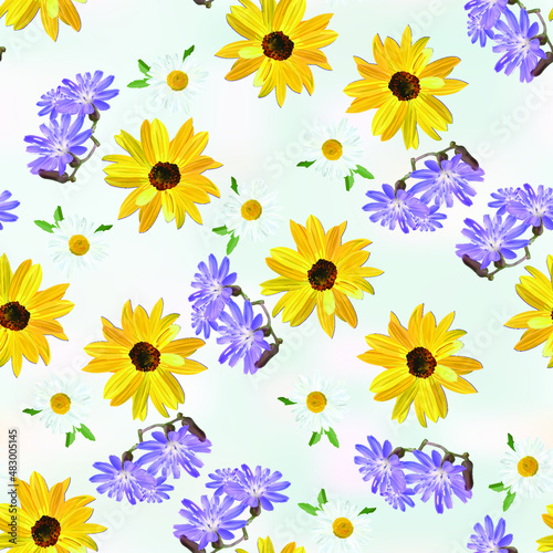 Floral arrangement of flowers of sunflower, chamomile, blue wildflowers on light blue abstract background, seamless floral texture, vector.
