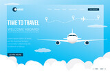 Time to travel, welcome aboard - landing page template. White airplane in sky. Travel and vacation, banner for web. Aircraft in fly. Route with pointers