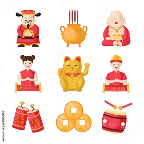 Chinese New Year vector element. include god of wealth, baby buddha, firecrackers, maneki neko