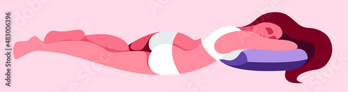vector image of a silhouette of a girl sleeping in bed with hair scattered over the pillow in pastel colors on a purple background. useful for advertising bed linen, pillows, sleeping pills, sedatives