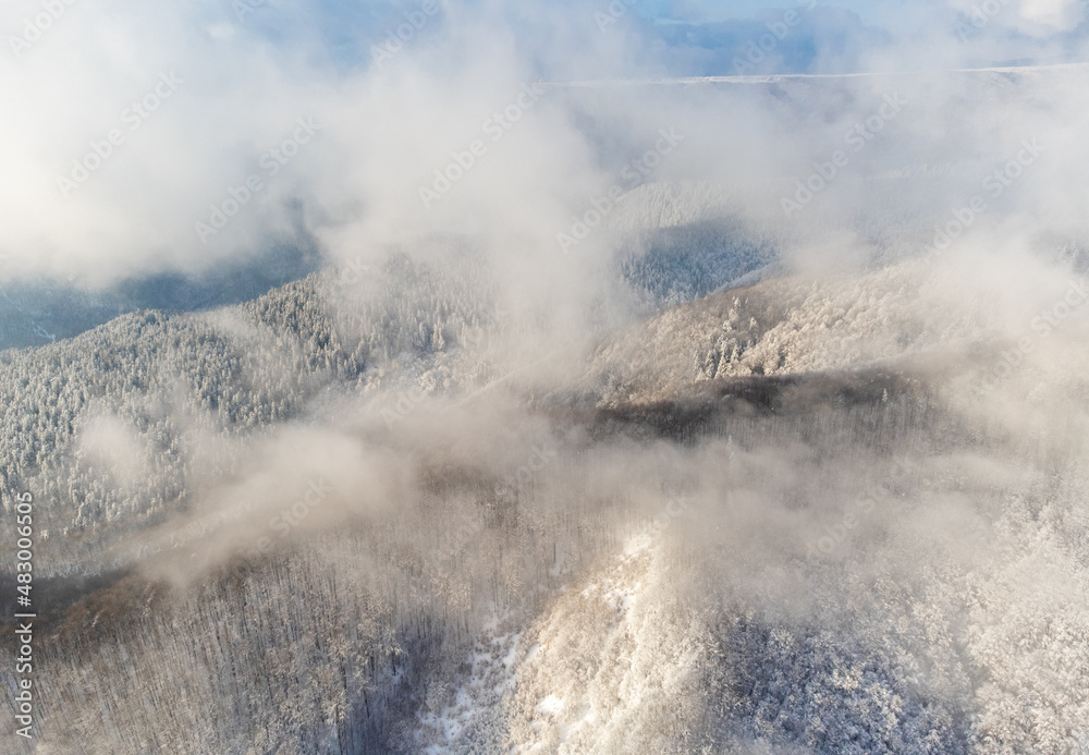 aerial landscape with snowy forests on the Calimani mountains
