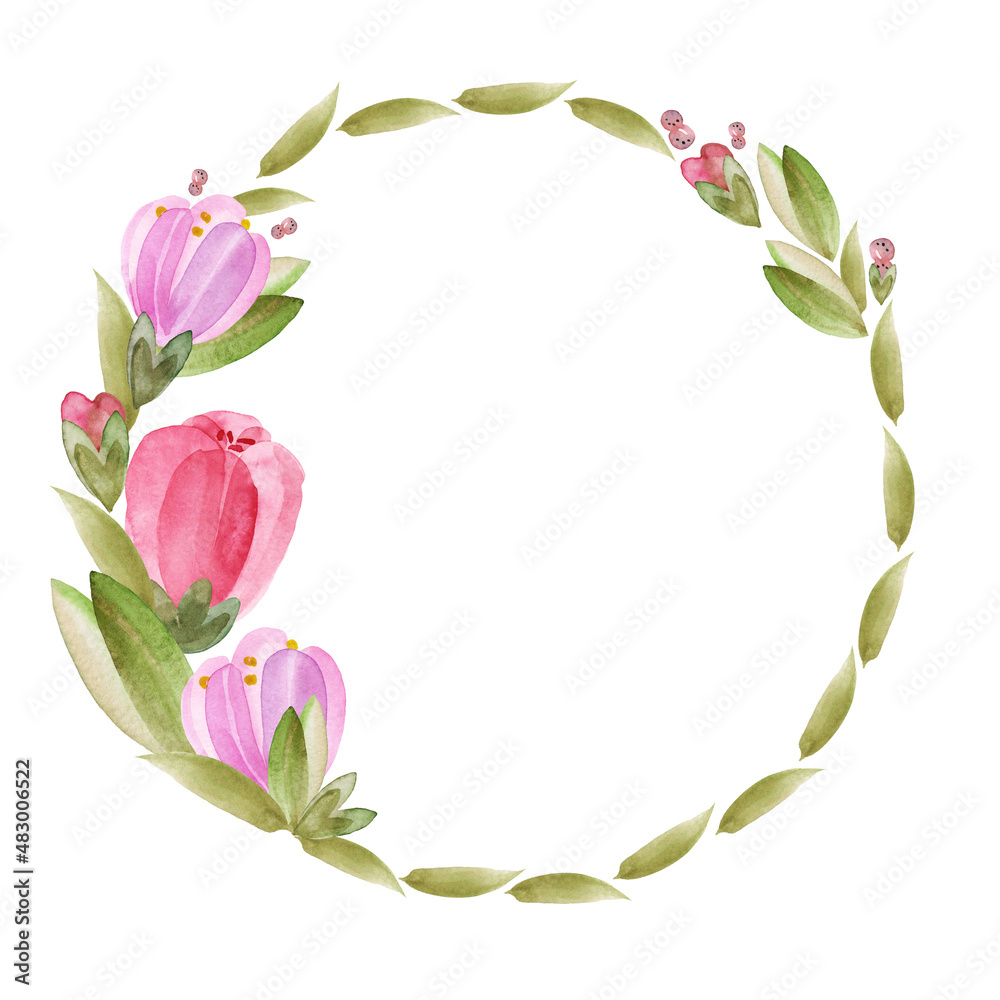Spring floral watercolor round frame, from tulips, crocuses, greenery, delicate frame for text, Easter greetings, isolated. Hand drawn elements, holiday decor for valentine's day, wedding, birthday