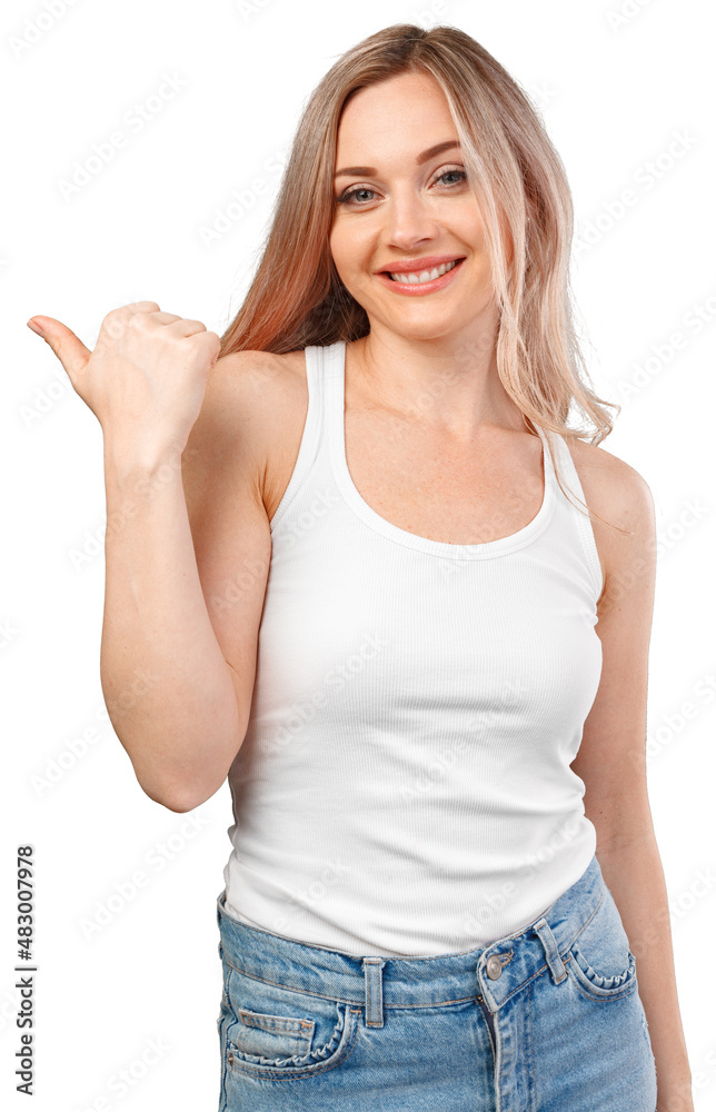 Young woman pointing at your product isolated on white background Young woman pointing at your product isolated on white background