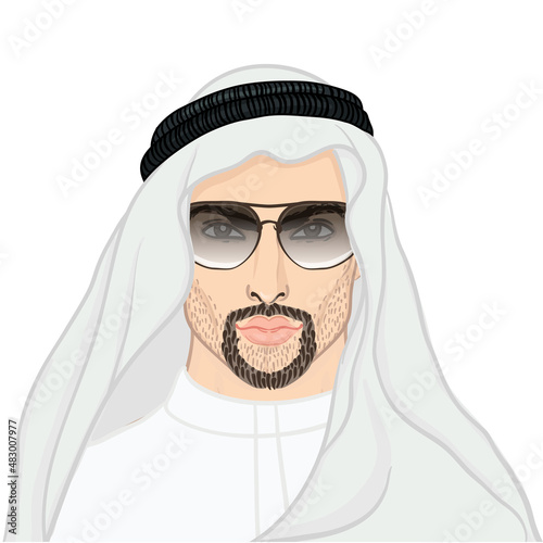 Vector illustration portrait of a arab man in keffiyeh isolated on white. photo