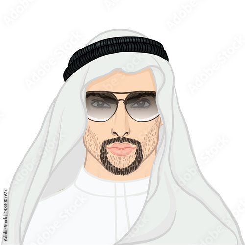 Vector illustration portrait of a arab man in keffiyeh isolated on white.