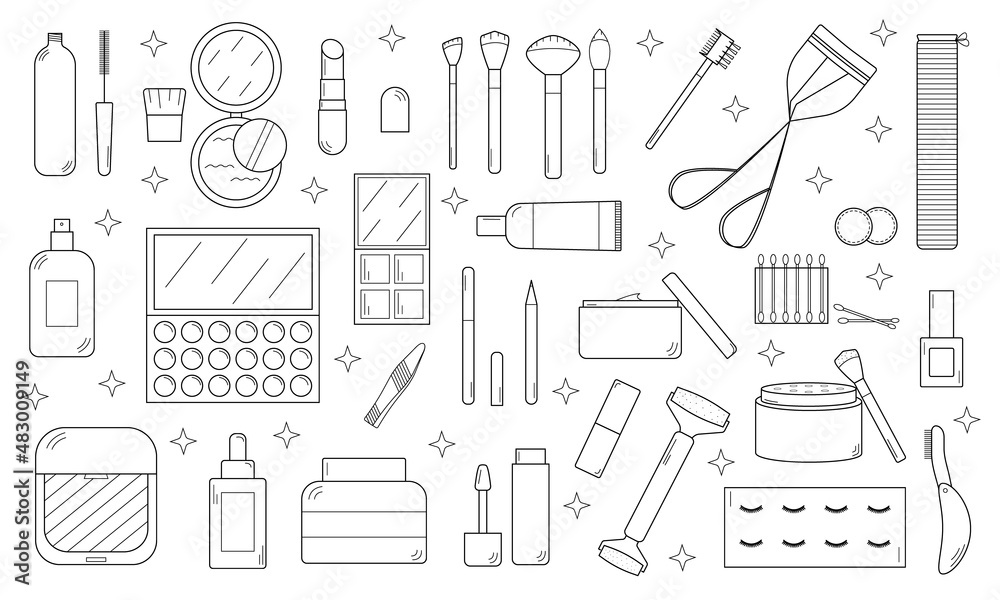 Hand-drawn set of cosmetics and cosmetic products for face and nails care. Hand-drawn set of cosmetics and cosmetic products for face and nails care.