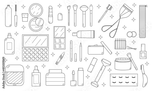 Hand-drawn set of cosmetics and cosmetic products for face and nails care.