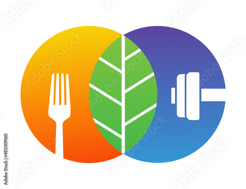 Health and Fitness Logo design. Dumbbells, fork and leaf graphics. Eat healthy food, fit, Sports, spa, gym trainer, workout, bodybuilding, exercise, muscle, Diet, nutrition, healthcare. 