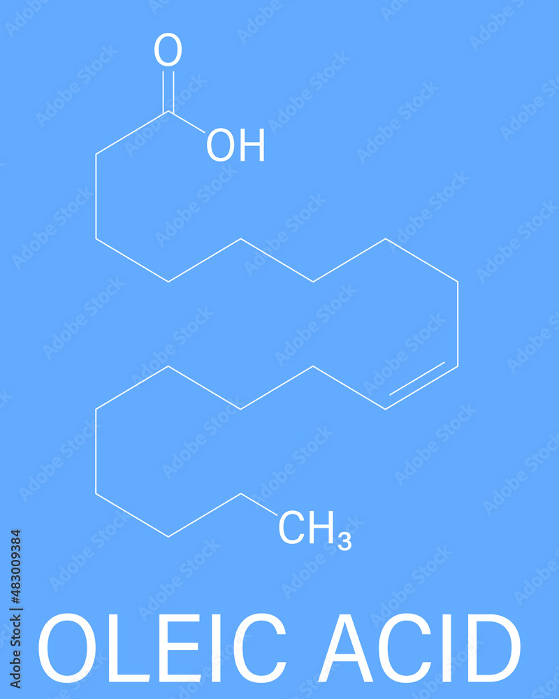 Oleic acid or omega-9, cis, fatty acid. Common in animal fats and vegetable oils. Its salt, sodium oleate, is often used in soap. Skeletal formula. Oleic acid or omega-9, cis, fatty acid. Common in animal fats and vegetable oils. Its salt, sodium oleate, is often used in soap. Skeletal formula.