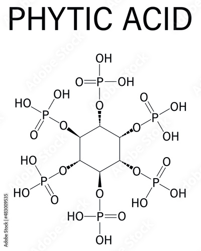 Phytic acid or hexakisphosphate, IP6, phytate molecule. Present in seeds and grains of many plants, acting as storage form of phosphorus. Skeletal formula. photo