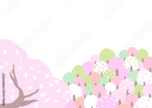 桜咲く山の風景　ほっこり、はんなりとしたやさしい色使いの背景イラスト