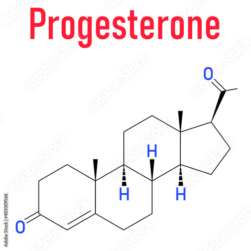 Progesterone female sex hormone molecule. Plays role in menstrual cycle and pregnancy. Skeletal formula.