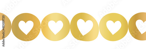 Golden hearts seamless vector border. Repeating horizontal pattern with metallic gold foil heart shapes in circles. Decorative cute elegant border for Valentines, footer, header, divider, trim, party.