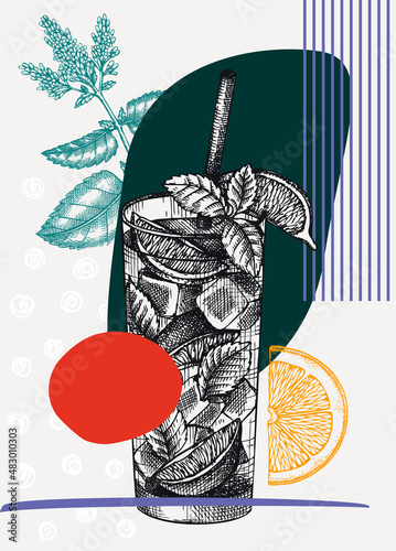 Collage style Mojito cocktail vector illustration. Hand-sketched alcoholic drink drawing. Trendy design with glassware, geometric and abstract shapes. Perfect for print, poster, card, social media