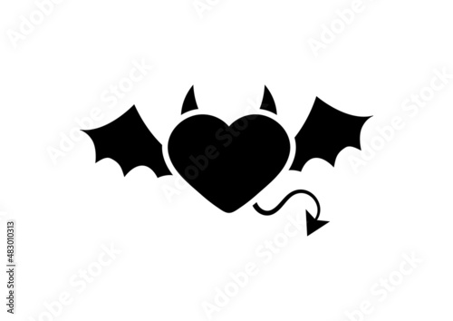 Devil or demon heart black silhouette icon isolated on white background. Heart with horns, tail, wings. Flat design simple clip art vector illustration.