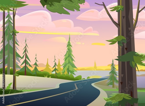 Good asphalt road. Summer rural evening landscape. Turn right with zigzag. Quality modern empty highway. Suburban intercity pathway. Background illustration. Vector