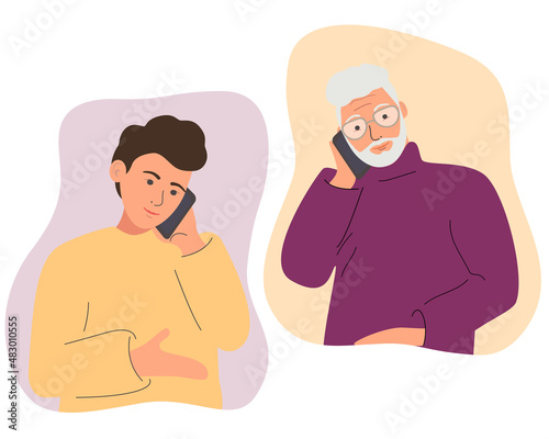A male character communicates with his elderly father, grandfather or brother on a mobile phone. Family correspondence, dialogue. Family relationships. Trendy flat vector illustration.