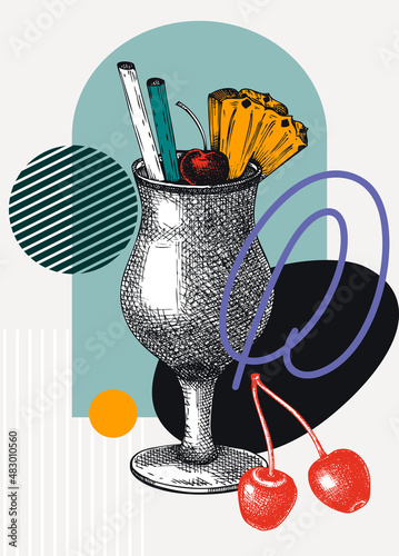 Collage style Pina Colada cocktail vector illustration. Hand-sketched alcoholic drink . Trendy design with glassware, geometric and abstract shapes. Perfect for print, poster, card, social media