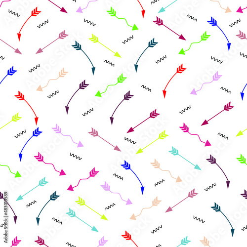 Vector seamless pattern. Arrows of various shapes and colors on a white isolated background. 