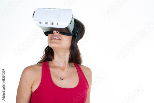 young woman wearing metaverse vr glasses virtual Reality Headset on white Background