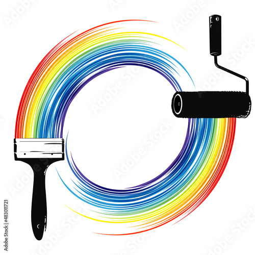 Paint brush and roller. Iridescent paint trail. Symbol for painting and repair