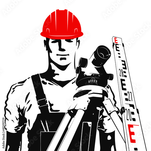 Surveyor engineer in a helmet. Measuring construction geodetic device on a tripod. Carrying out construction and geodetic measurements