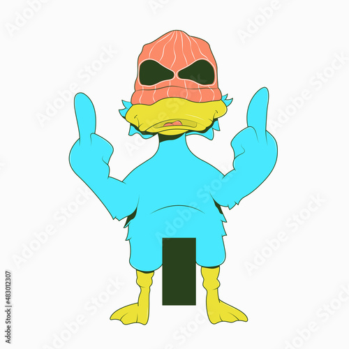 A cartoon duck stands in a balaclava and shows middle fingers. Vector illustration.