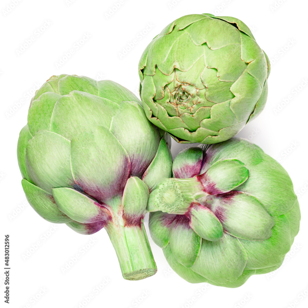 Obraz premium Fresh Artichokes isolated on white background. Raw Artichok closeup