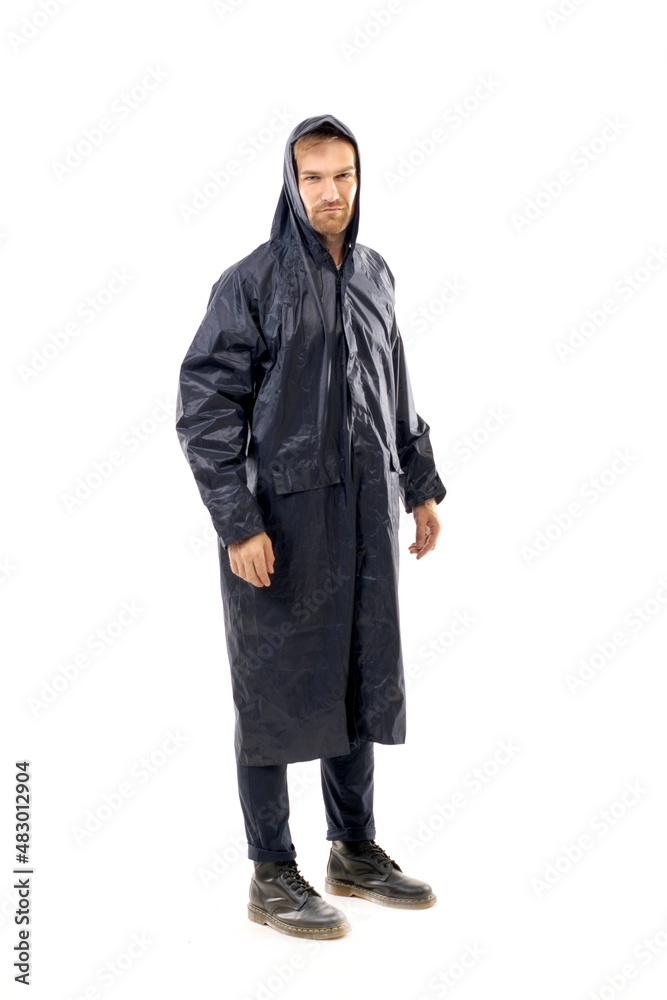 Middle age white man wearing a black raincoat standing over isolated white background looking happy. Worker concept. Middle age white man wearing a black raincoat standing over isolated white background looking happy. Worker concept.
