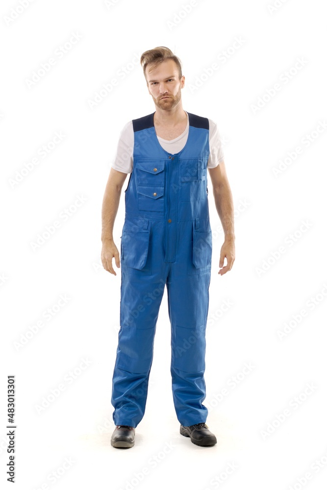 A middle-aged white man wearing an blue uniform standing over isolated white background looks happy. Worker and builder concept, mannequin. A middle-aged white man wearing an blue uniform standing over isolated white background looks happy. Worker and builder concept, mannequin.