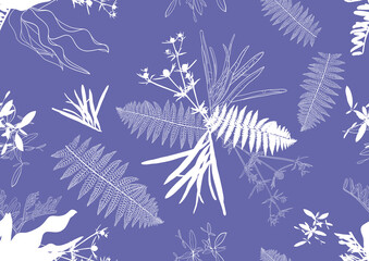 Wandcirkels Pantone 2022 very peri Witte bladeren op lila ondergrond  © Ekaterina Kaiurova