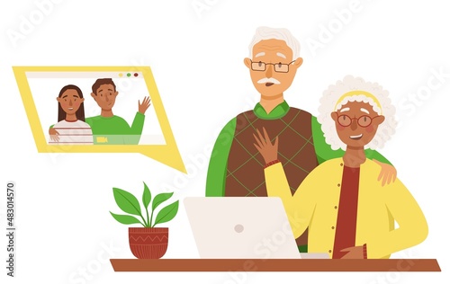 Old couple of black-skinned woman and white-skinned men has video call with their grandson and his bride. Technologies for seniors. Vector illustration