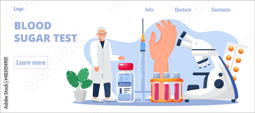 Diabetes concept vector for homepage. Glucometer for blood glucose testing meter. Doctor treats hyperglycemia. Lab, pills, insulin syringe for injection.