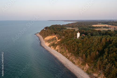Gilleleje, Denmark - July 23, 2021: Aerial drone view of Nakkehoved Lighthouse in North Zealand