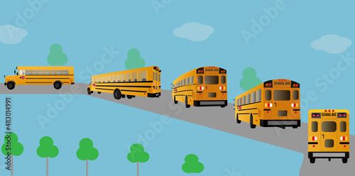 Vector collection of school bus.School bus from different perspective view.Illustration of bus moving on road