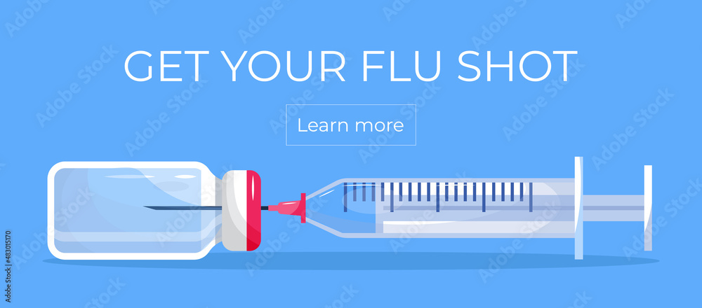 Flu shot concept om the blue background. Time to vaccinate. Get your flu shot. Syringe with vaccine bottle. Immunization vector - obrazy, fototapety, plakaty 