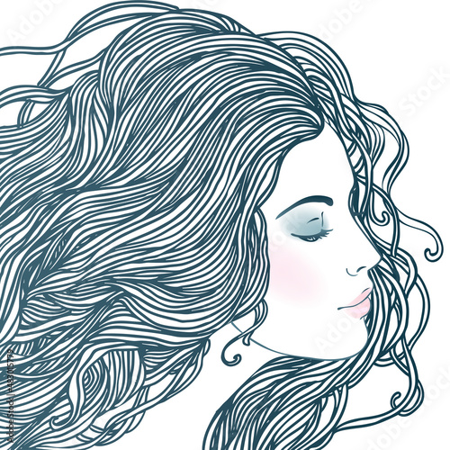 Beauty Salon: Portrait of pretty young woman in profile view with long beautiful red hair. Vector illustration