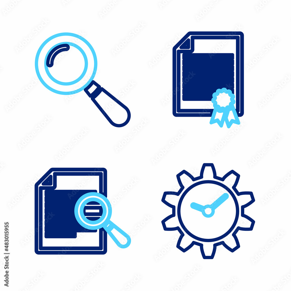 Set line Time Management, Document with search, Certificate template and Magnifying glass icon. Vector