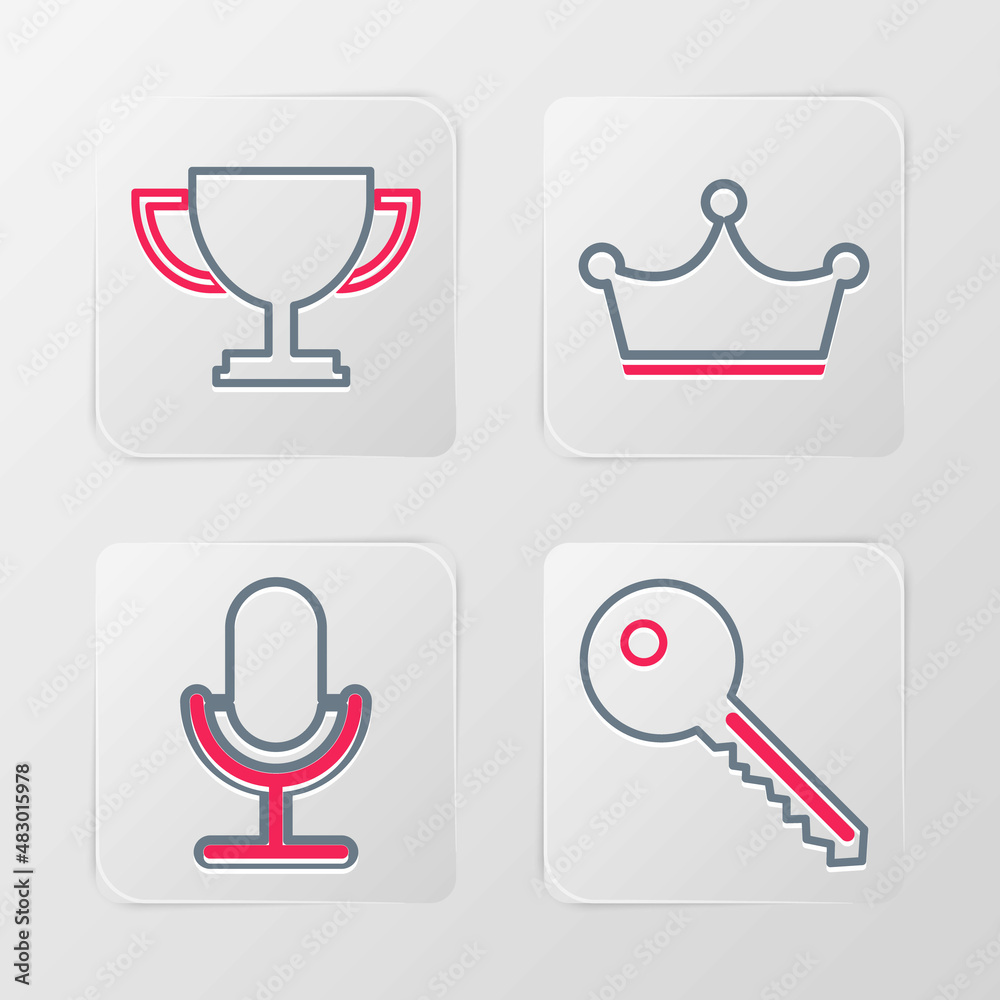Set line Key, Microphone, Crown and Trophy cup icon. Vector Set line Key, Microphone, Crown and Trophy cup icon. Vector